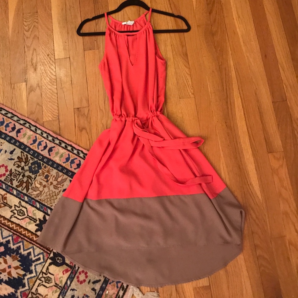 Coral/taupe high-low dress. Keyhole. tie waist